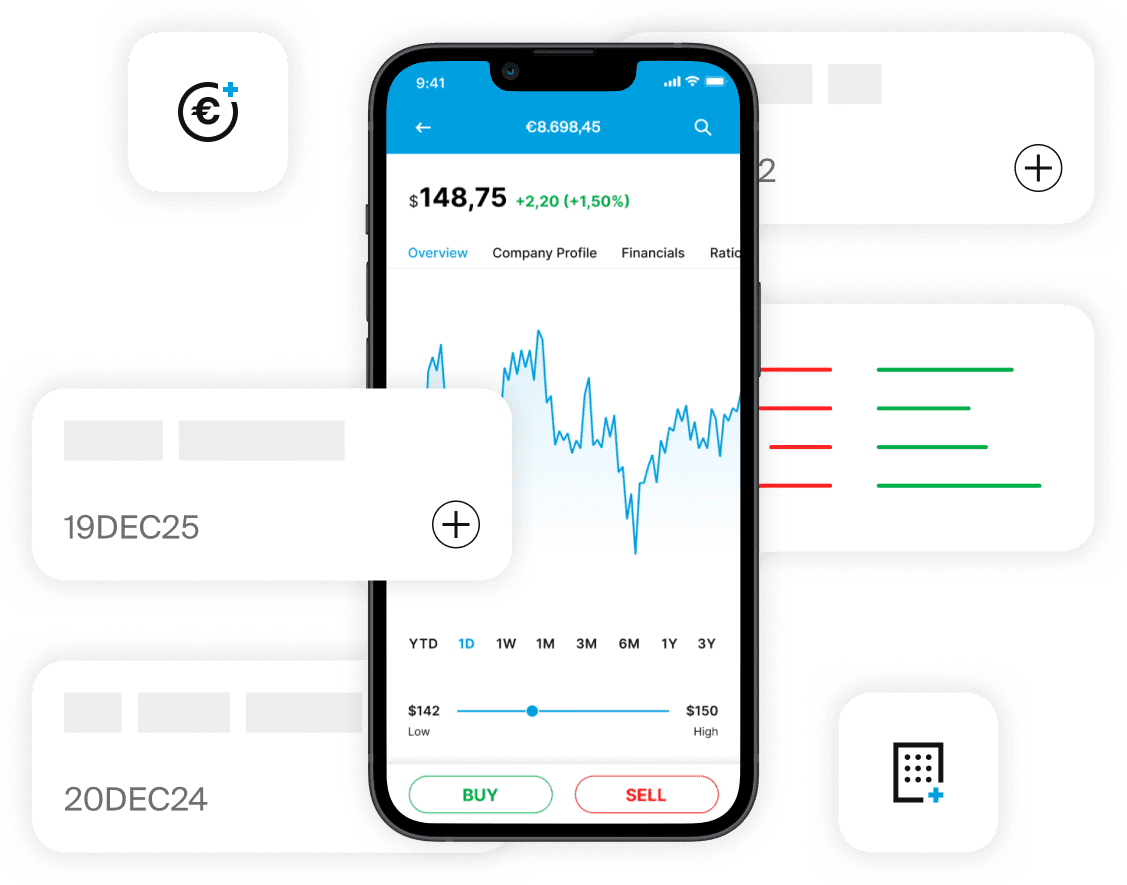Smartphone, das den Chart der EXDEGIRO-App mit Order-Optionen und Finanzsymbolen anzeigt.