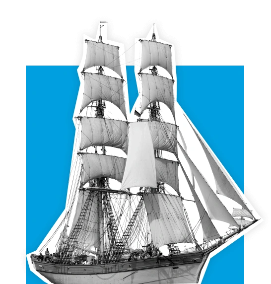 Barco de vela histórico con múltiples mástiles y velas sobre fondo azul